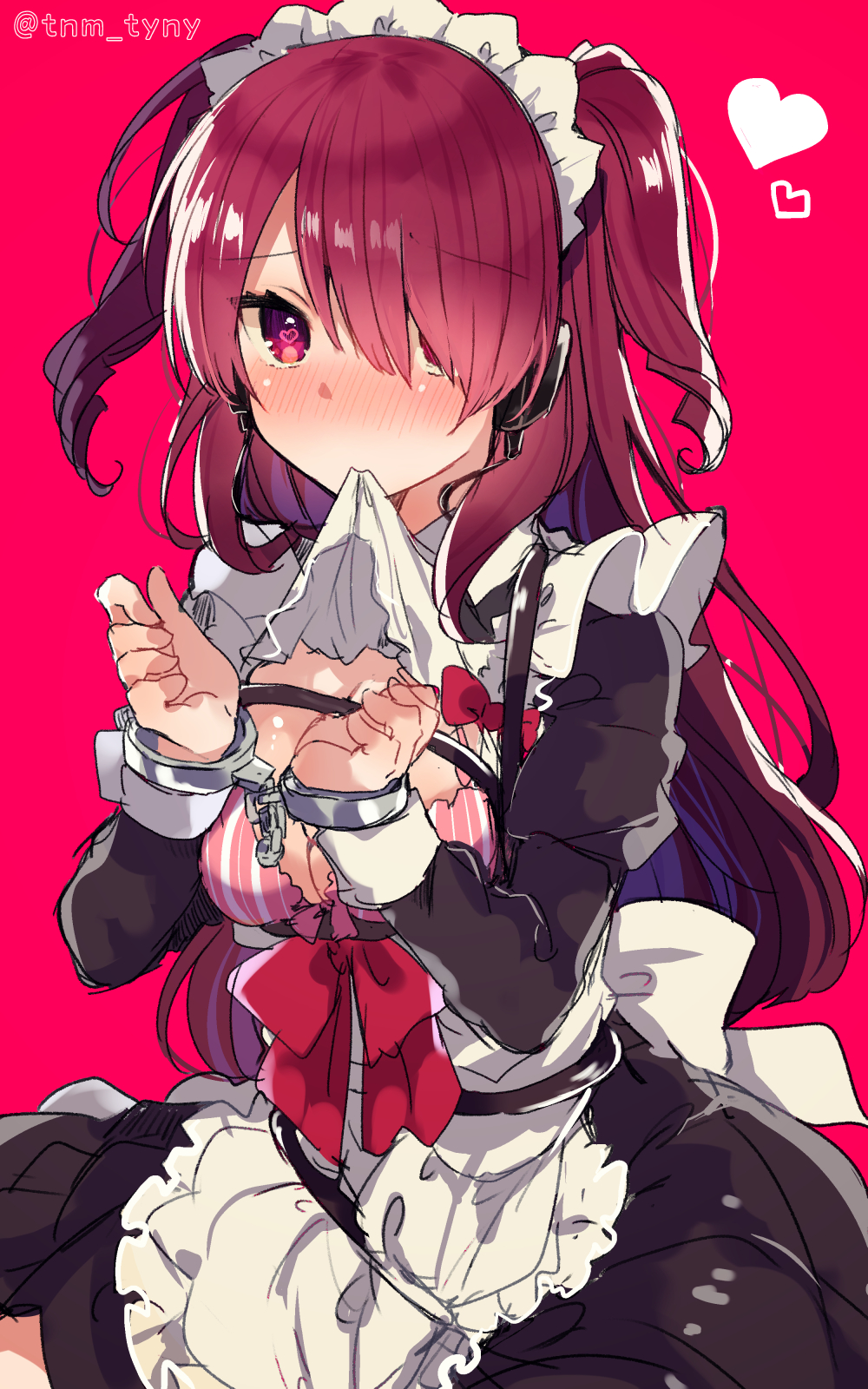 1girl apron blush bound bound_wrists bow bra breasts chains cleavage cuffs dress eyebrows_visible_through_hair hair_over_one_eye handcuffs headphones heart heart-shaped_pupils highres ikeuchi_tanuma lifted_by_self long_hair long_sleeves looking_at_viewer maid maid_headdress medium_breasts mouth_hold nose_blush original pink_background pink_eyes pink_hair red_bow simple_background sketch solo striped symbol-shaped_pupils twitter_username two_side_up underwear vertical-striped_bra vertical_stripes