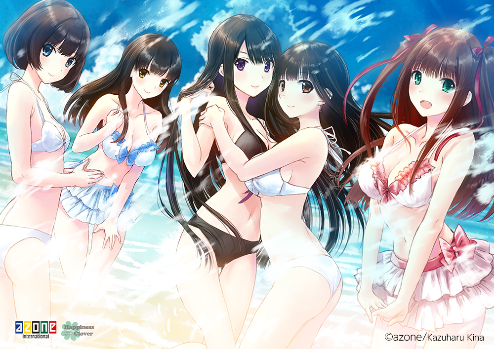 5girls aqua_eyes arched_back armpits artist_name bangs bare_arms bare_shoulders bikini bikini_skirt black_bikini black_hair blue_eyes blush bob_cut bow bow_bikini breasts brown_eyes brown_hair cleavage clouds collarbone commentary_request copyright_name day dutch_angle eyebrows_visible_through_hair frilled_bikini frills hair_flip hair_ribbon hand_on_another's_shoulder hand_on_own_thigh hand_up hands_up happiness_clover interlocked_fingers kazuharu_kina kureha_(happiness_clover) leaning_forward logo long_hair looking_at_viewer mahiro_(happiness_clover) multiple_girls nanaka_(happiness_clover) navel ocean official_art open_mouth outdoors own_hands_together red_ribbon ribbon short_hair sky smile swimsuit two_side_up v_arms violet_eyes water watermark white_bikini yui_(happiness_clover) yukari_(happiness_clover)