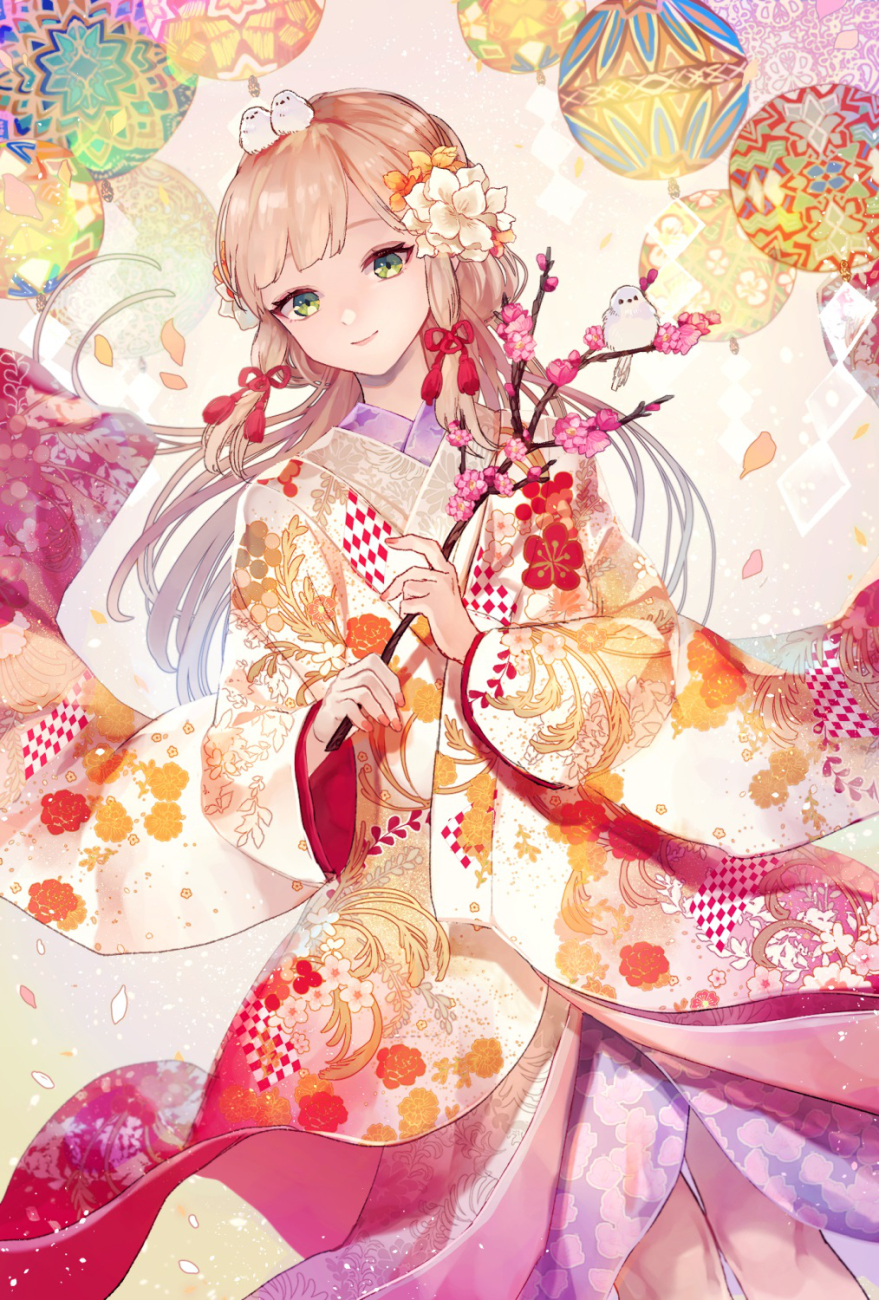 1girl animal animal_on_head bangs bird blonde_hair cherry_blossoms dress dutch_angle floral_print flower green_eyes hair_flower hair_ornament highres japanese_clothes kimono lamp layered_dress long_hair looking_at_viewer nail_polish natsuiro_xx on_head original petals sidelocks smile solo tree_branch wind year_of_the_rooster