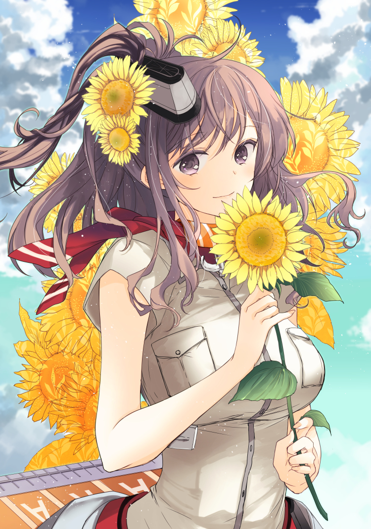 1girl alternate_eye_color breast_pocket brown_eyes brown_hair buttons clouds cloudy_sky day dress flower holding holding_flower kantai_collection konataeru long_hair pocket ponytail saratoga_(kantai_collection) short_sleeves sky smile solo white_dress yellow_flower