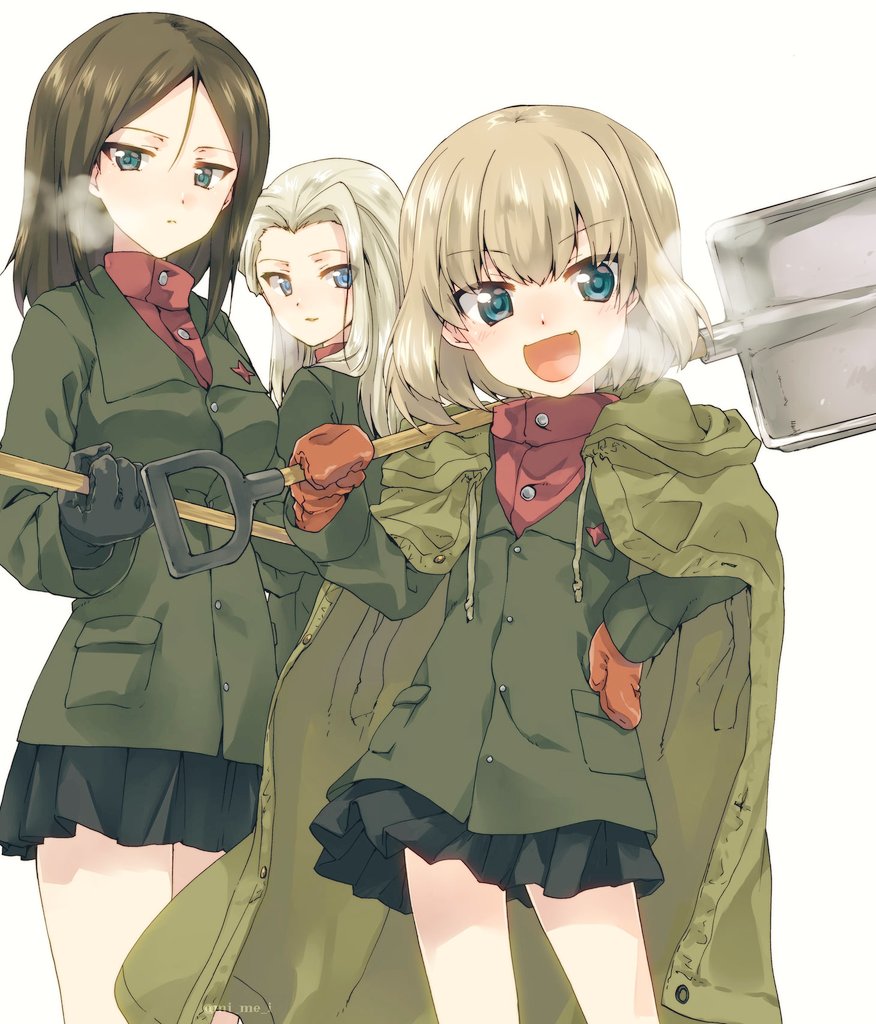 3girls bangs black_hair black_skirt blonde_hair blue_eyes breath clara_(girls_und_panzer) commentary_request fang girls_und_panzer gloves green_jacket jacket jacket_on_shoulders katyusha kuroi_mimei long_hair long_sleeves miniskirt multiple_girls nonna pleated_skirt pravda_school_uniform red_shirt shirt short_hair shovel skirt swept_bangs turtleneck white_background worktool