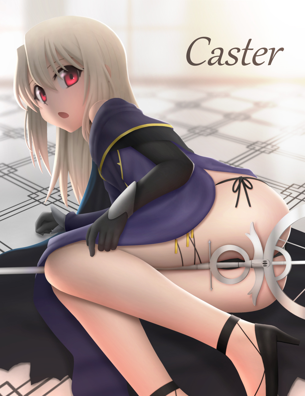 1girl between_legs black_gloves black_panties cape caster caster_(cosplay) choker cosplay dress elbow_gloves fate/kaleid_liner_prisma_illya fate/stay_night fate_(series) from_behind gloves high_heels highres illyasviel_von_einzbern long_hair looking_at_viewer looking_back lying on_side open_mouth panties red_eyes side-tie_panties siraha solo staff thigh_strap tile_floor tiles underwear white_hair