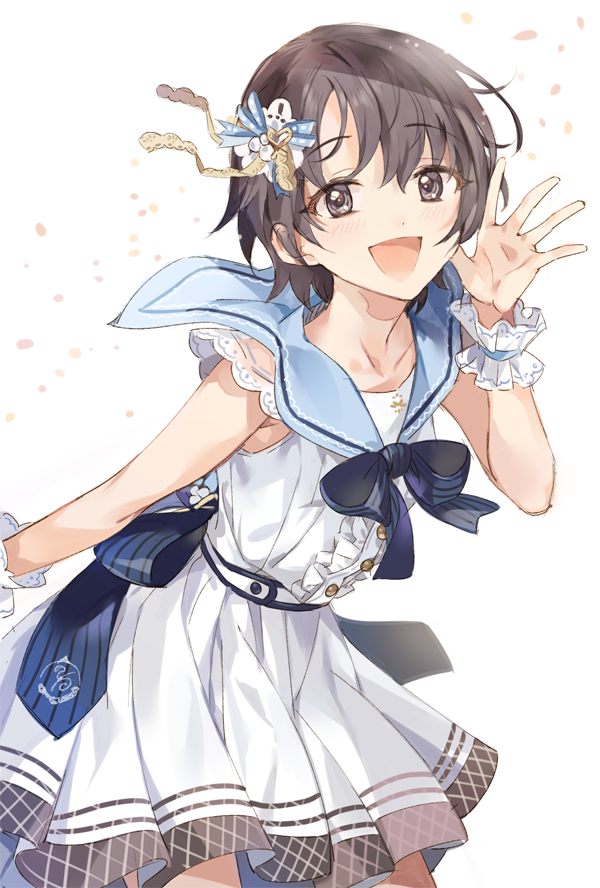 1girl :d black_eyes black_hair blue_bow blue_bowtie bow bowtie center_frills cowboy_shot dress eyebrows_visible_through_hair frilled_cuffs hair_ornament idolmaster idolmaster_cinderella_girls idolmaster_cinderella_girls_starlight_stage inzup looking_at_viewer open_mouth otokura_yuuki petals sailor_dress short_hair sleeveless sleeveless_dress smile solo white_dress wrist_cuffs