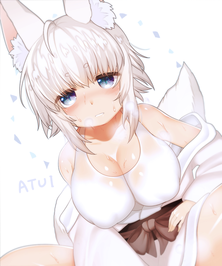 1girl animal_ears bangs blush breasts dutch_angle eyebrows_visible_through_hair fox_ears fox_girl fox_tail impossible_clothes large_breasts light_smile looking_at_viewer mofuaki nose_blush original parted_lips short_hair sidelocks silver_hair simple_background sitting solo sweat tail tank_top thick_eyebrows thighs white_background