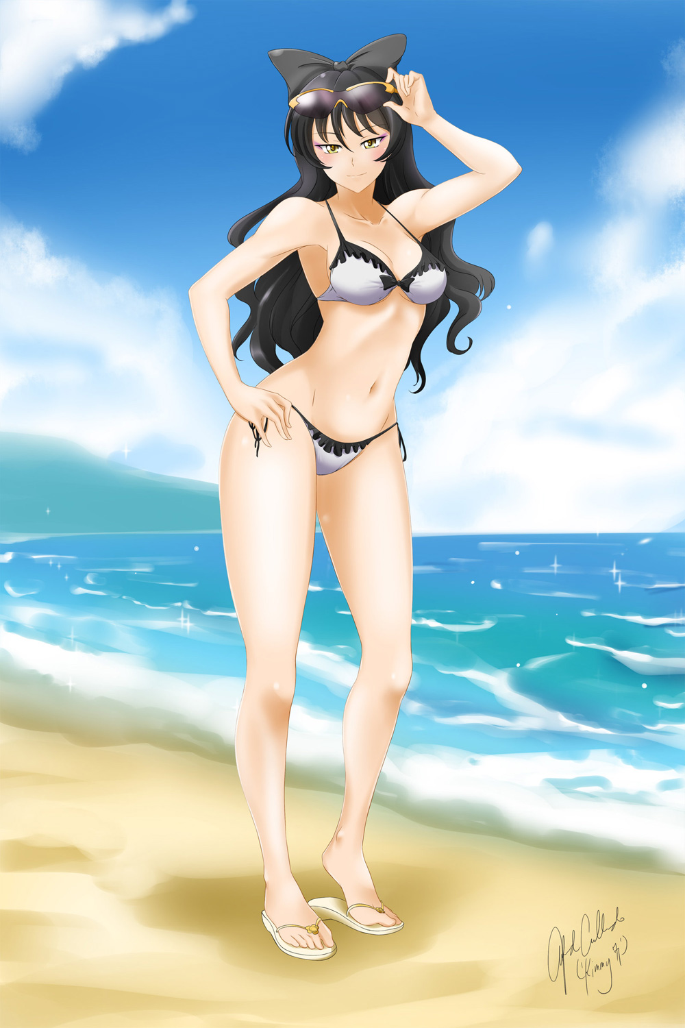 1girl alfred_cullado bikini black_bow black_hair blake_belladonna blush bow bow_bikini breasts cleavage groin hand_on_hip highres large_breasts long_hair navel ocean rwby sandals side-tie_bottom signature smile solo sunglasses sunglasses_on_head swimsuit thighs water