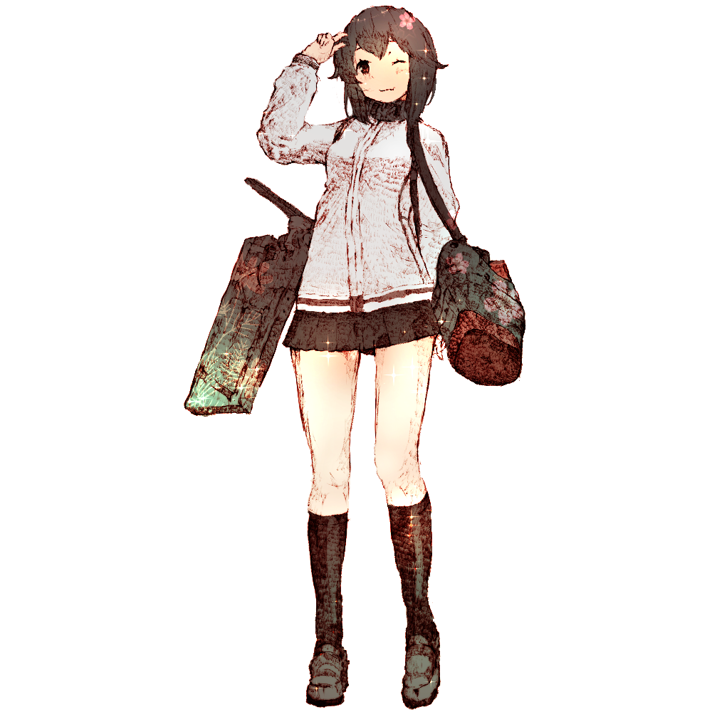 1girl ;3 bag black_hair cherry_blossoms full_body gurin33 hand_up hayasui_(kantai_collection) jacket kantai_collection kneehighs loafers looking_at_viewer one_eye_closed red_eyes rigging shoes shoulder_bag simple_background skirt socks solo sparkle texture track_jacket v white_background white_jacket