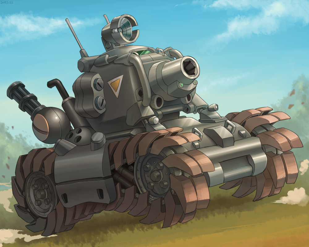 blue_sky cannon caterpillar_tracks dated day flashlight gatling_gun ground_vehicle gun metal_slug military military_vehicle motor_vehicle no_humans sasisage sky sv001_(metal_slug) tank tank_focus weapon