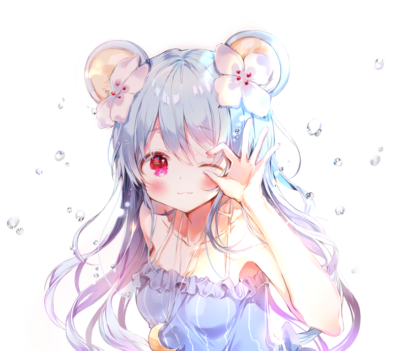 1girl :3 animal_ears blue_hair blush crescent dohj00 jewelry long_hair looking_at_viewer necklace original red_eyes upper_body water_drop white_background