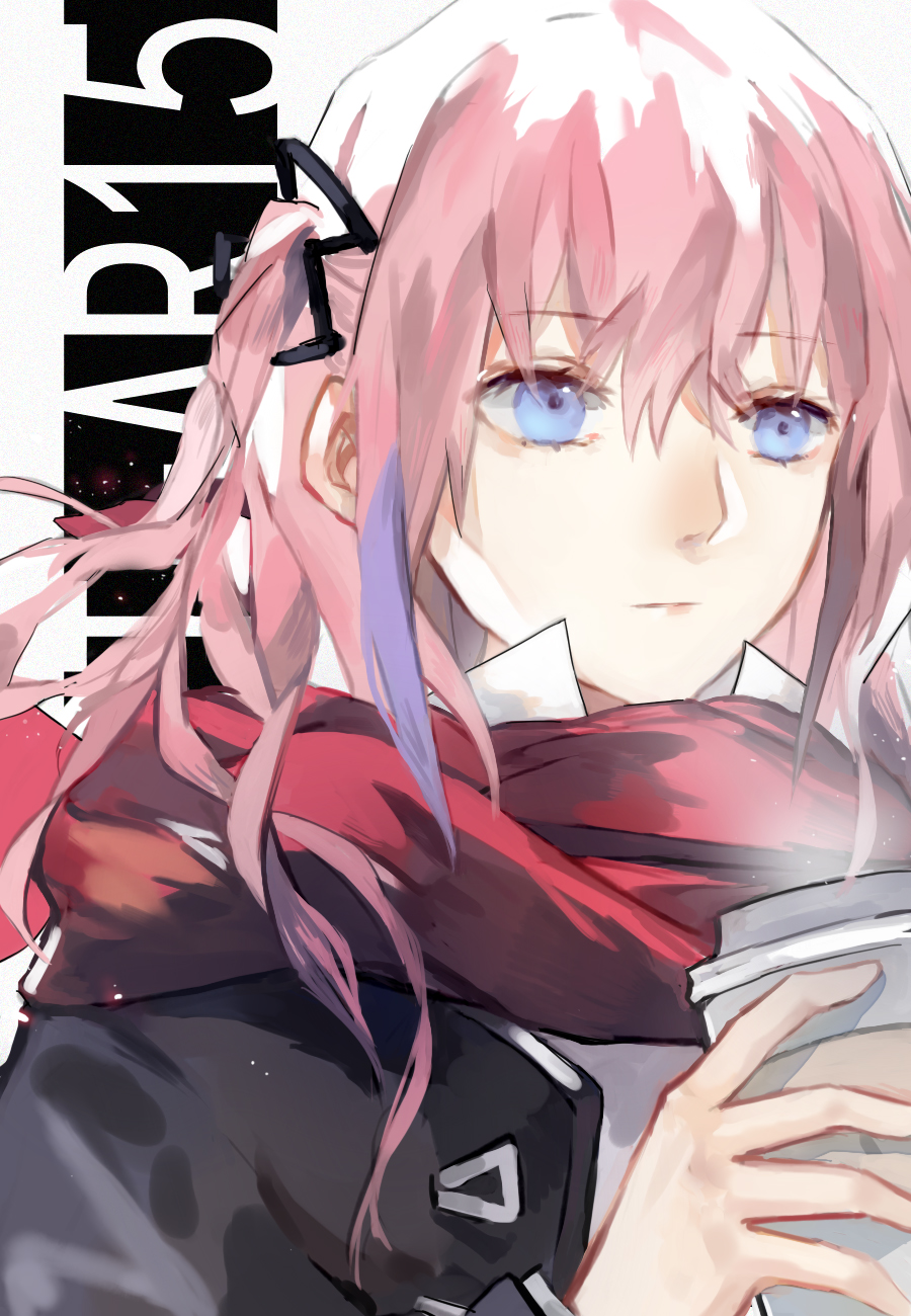 1girl bangs black_ribbon blue_eyes character_name closed_mouth coffee_cup cup expressionless eyebrows_visible_through_hair girls_frontline hair_ornament hair_ribbon hairclip highres holding holding_cup jacket lanxee long_hair one_side_up open_clothes open_jacket pink_hair red_scarf ribbon scarf shirt sidelocks solo st_ar-15_(girls_frontline) upper_body white_shirt