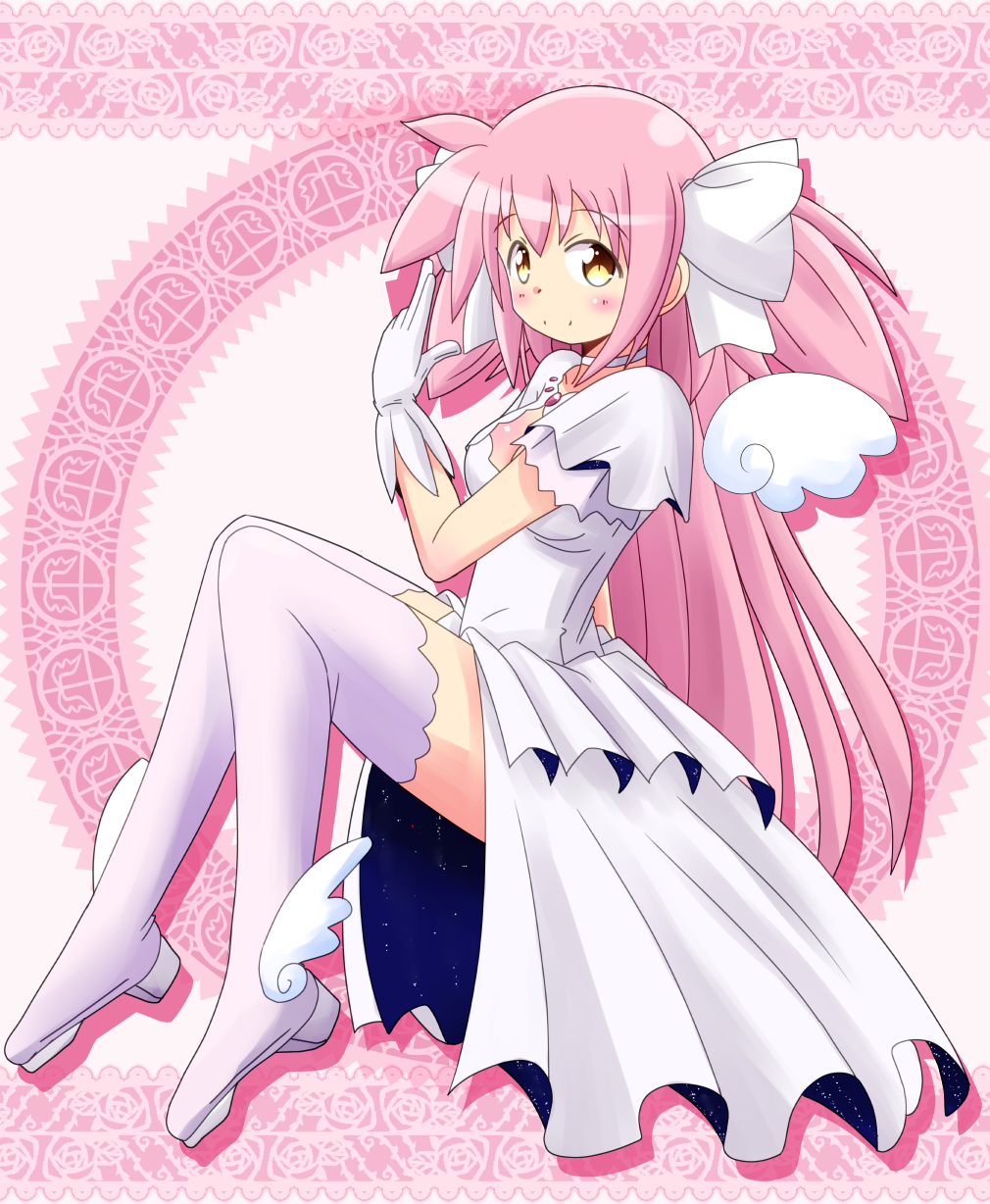 artist_request boots gloves goddess_madoka highres long_hair mahou_shoujo_madoka_magica pink_hair pink_legwear shoes thigh-highs thigh_boots twintails white_gloves winged_shoes wings yellow_eyes