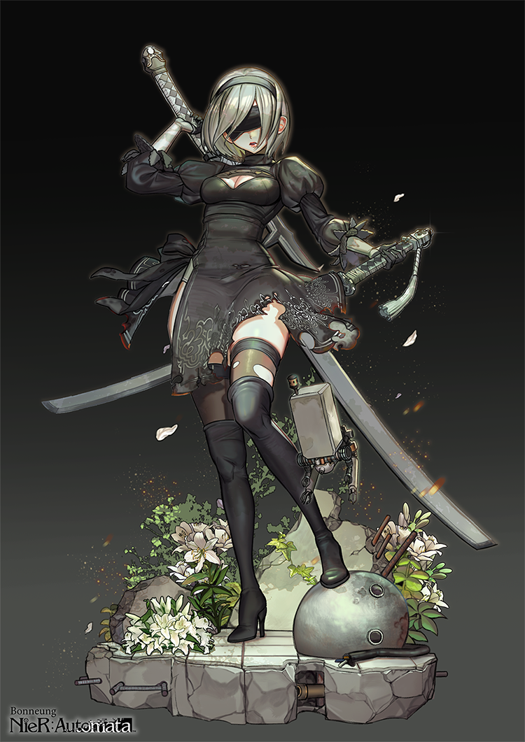 1girl black_background blindfold boots copyright_name dress flower full_body high_heels honnou_(kjs9504) nier_(series) nier_automata parted_lips short_hair silver_hair solo standing sword thigh-highs thigh_boots weapon yorha_no._2_type_b
