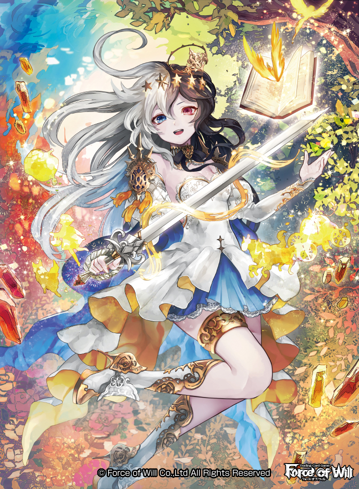 1girl bangs black_hair blue_eyes book boots carriage copyright crystal detached_collar detached_sleeves dress fairy fantasy floating floating_hair force_of_will frills full_body hair_between_eyes heterochromia holding holding_weapon horse juliet_sleeves lace lace_trim leaf leg_up long_hair long_sleeves looking_at_viewer magic natsuiro_xx neck_ribbon official_art open_mouth puffy_long_sleeves puffy_sleeves pumpkin red_eyes ribbon solo sparkle star sword tassel tiara tree weapon white_hair wolf