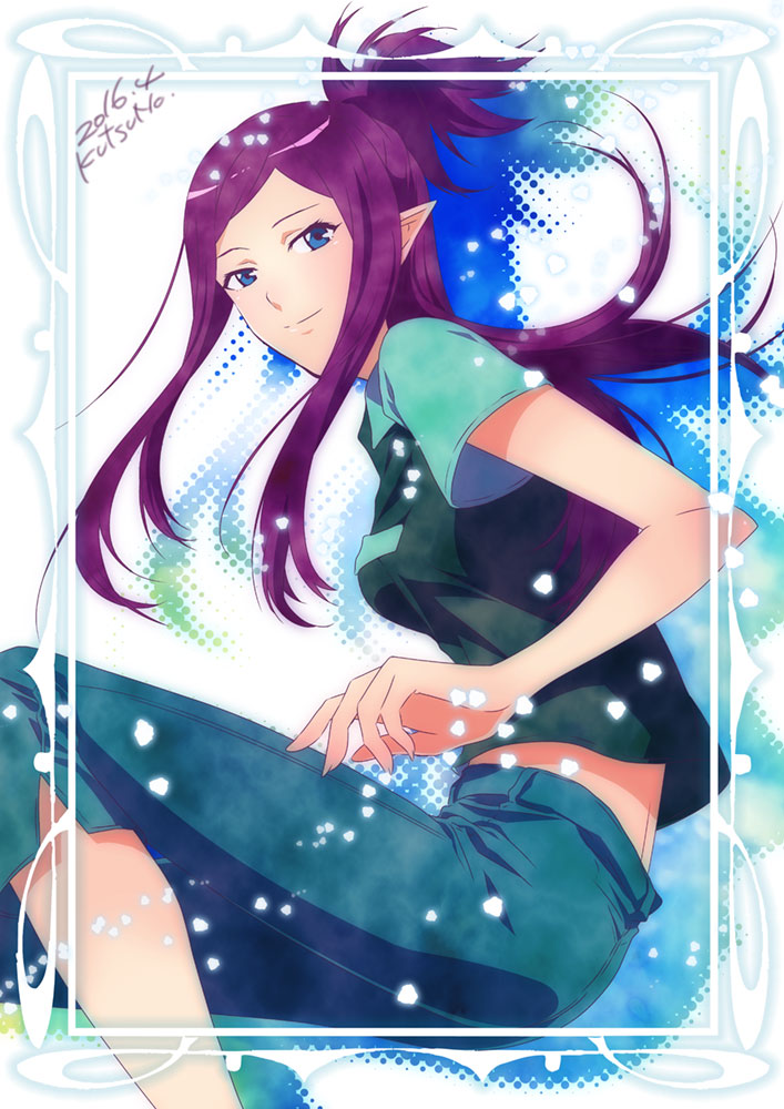 1girl artist_name blue_eyes capri_pants dated kutsuno long_hair macross macross_delta mirage_farina_jenius pants pointy_ears purple_hair shirt sidelocks smile solo t-shirt