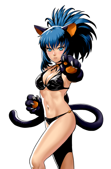 alternate_costume animal_ears blue_eyes blue_hair breasts cat_ears cat_paws cat_tail cleavage leona_heidern metal_slug metal_slug_attack official_art paws ponytail tail