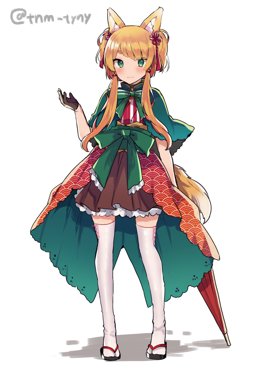 1girl animal_ears arm_behind_back asymmetrical_bangs bangs black_gloves blonde_hair bow capelet dress fox_ears fox_tail frilled_dress frills full_body gloves green_eyes hair_ornament highres holding holding_umbrella ikeuchi_tanuma light_smile looking_at_viewer original short_hair_with_long_locks sidelocks simple_background solo standing tail thigh-highs twitter_username umbrella white_background white_legwear zouri