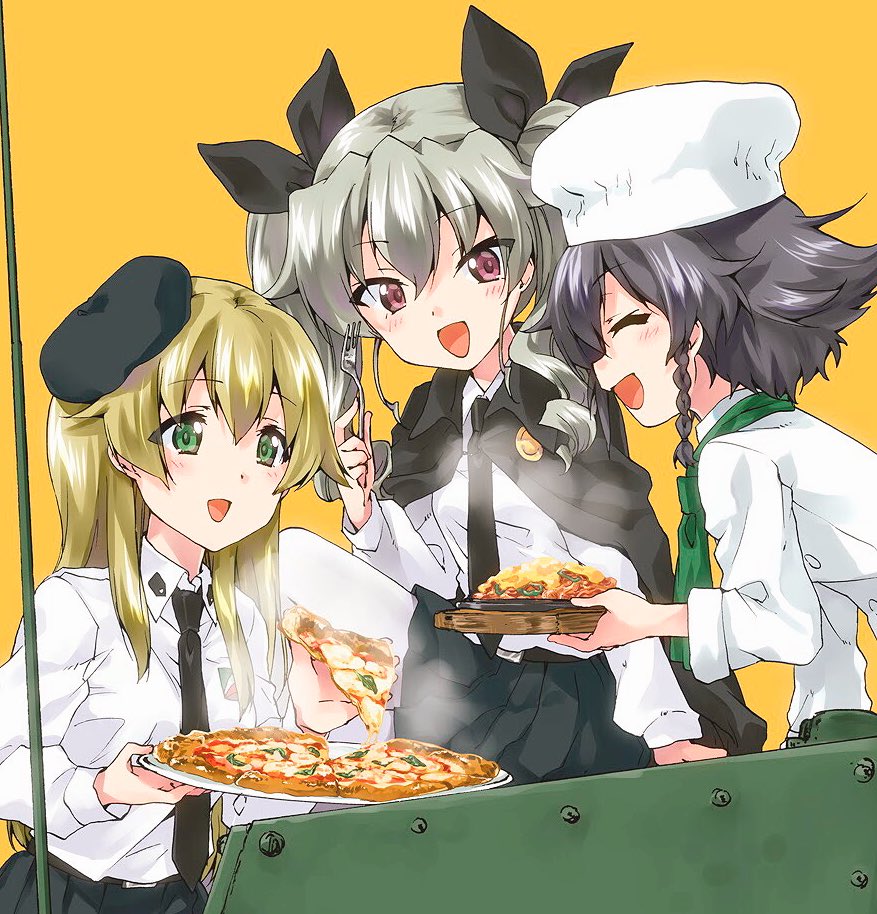 anchovy anzio_school_uniform beret black_hair black_necktie black_ribbon black_skirt blonde_hair braid cape carpaccio chef_hat drill_hair food girls_und_panzer green_eyes grey_hair hair_ribbon hat kuroi_mimei long_hair long_sleeves miniskirt necktie pantyhose pasta pepperoni_(girls_und_panzer) pizza pleated_skirt red_eyes ribbon shirt short_hair skirt spaghetti twin_drills twintails white_legwear white_shirt yellow_background