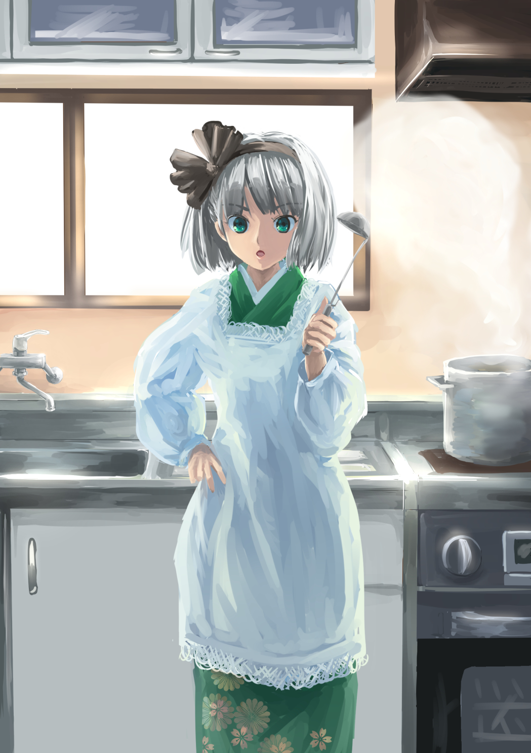 1girl alternate_costume apron bob_cut breasts commentary_request day floral_print green_eyes green_kimono hairband hand_on_hip highres japanese_clothes kimono kitchen konpaku_youmu long_sleeves looking_at_viewer sasurai_no_kuchibuefuki short_hair silver_hair sink small_breasts solo soup_ladle steam stove sunlight talking_to_viewer touhou window