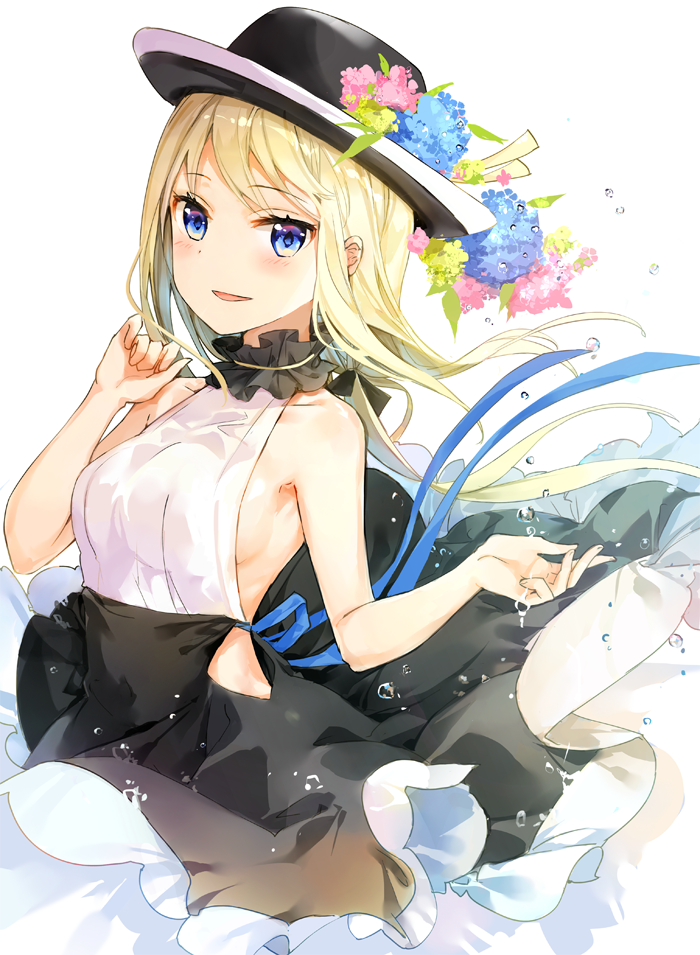 1girl bangs black_dress black_hat black_skirt blonde_hair blue_eyes blush boater_hat breasts collarbone cowboy_shot dress eyebrows_visible_through_hair floating_hair frilled_shirt_collar frills fuumi_(radial_engine) hands_up hat long_hair looking_at_viewer medium_breasts original parted_lips sideboob simple_background skirt smile solo water_drop white_background