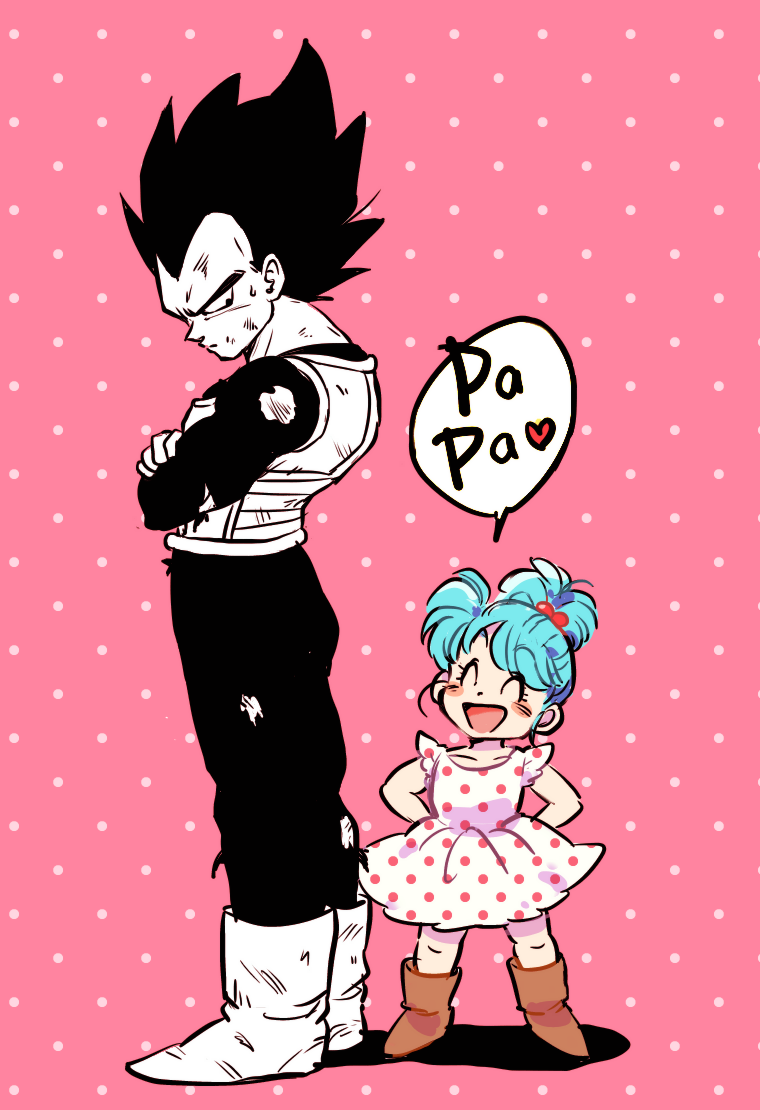 1boy 1girl black_hair blue_hair bra_(dragon_ball) dragon_ball dragonball_z dress father_and_daughter heart partially_colored pink_background polka_dot polka_dot_dress speech_bubble spiky_hair spoken_heart tkgsize vegeta