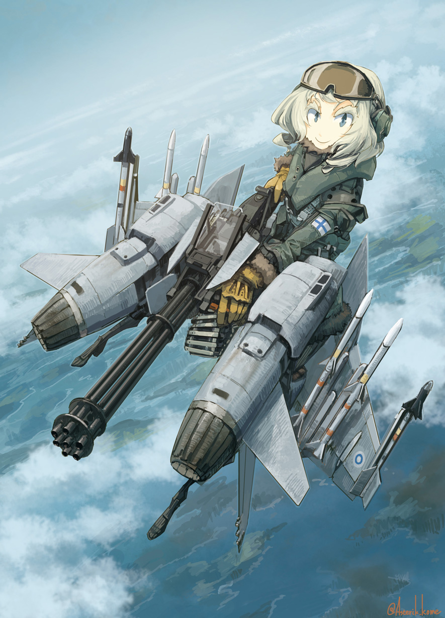 1girl blonde_hair blue_eyes commentary_request ear_protection f-18_hornet finland_flag flag flying gatling_gun gloves goggles goggles_on_head gun headphones headset highres jacket kome looking_at_viewer mecha_musume minigun missile personification smile solo thrusters twitter_username weapon