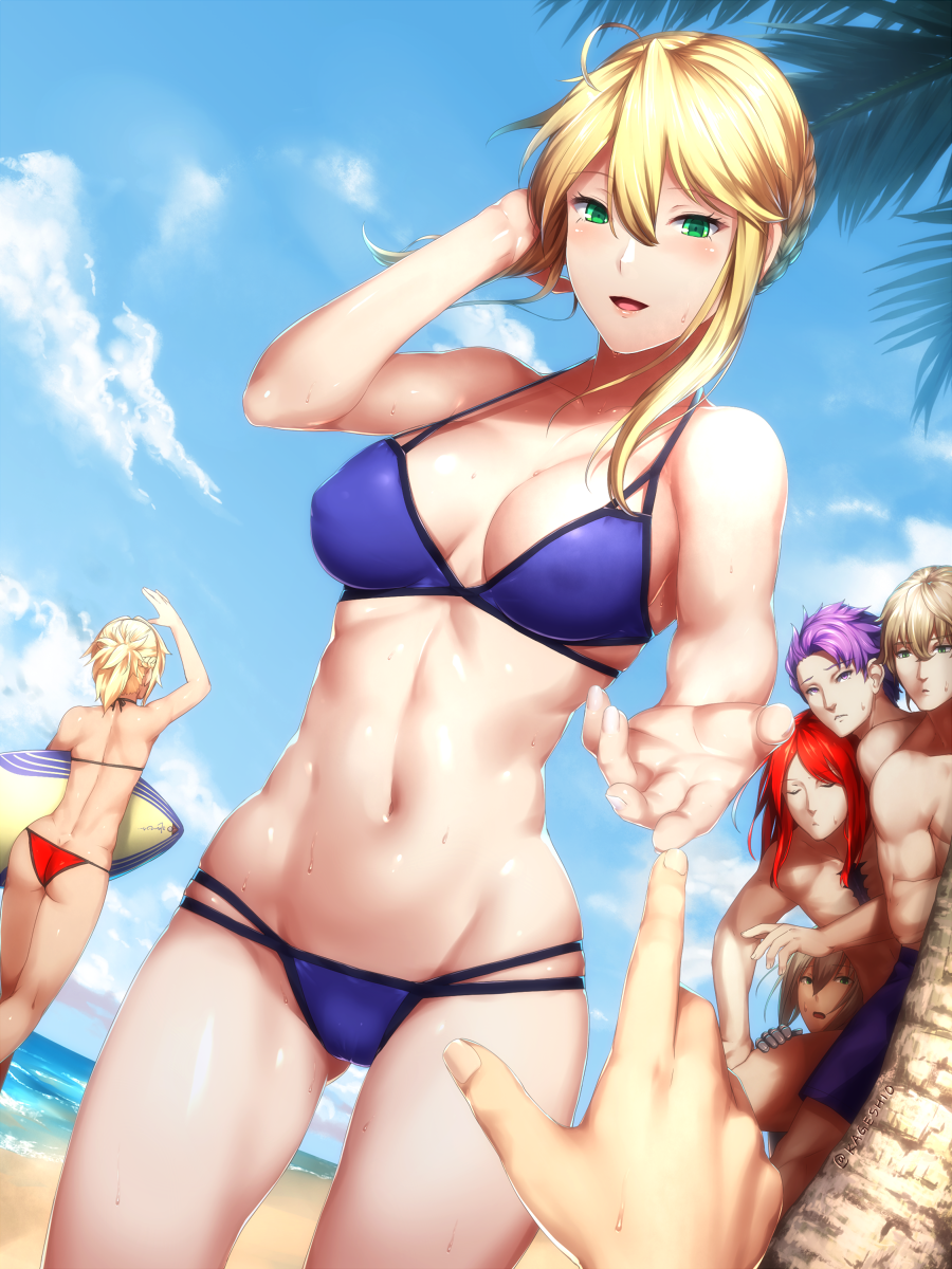 2girls 4boys agravain_(fate/grand_order) ahoge artoria_pendragon_lancer_(fate/grand_order) ass bikini blonde_hair blue_bikini breasts commentary_request erect_nipples fate/apocrypha fate/grand_order fate_(series) gawain_(fate/extra) green_eyes highres kageshio_(276006) knights_of_the_round_table_(fate) lancelot_(fate/grand_order) long_hair mordred_(swimsuit_rider)_(fate) multiple_boys multiple_girls navel open_mouth outdoors ponytail pov purple_hair red_bikini redhead saber saber_of_red short_hair sweat swimsuit tristan_(fate/grand_order)