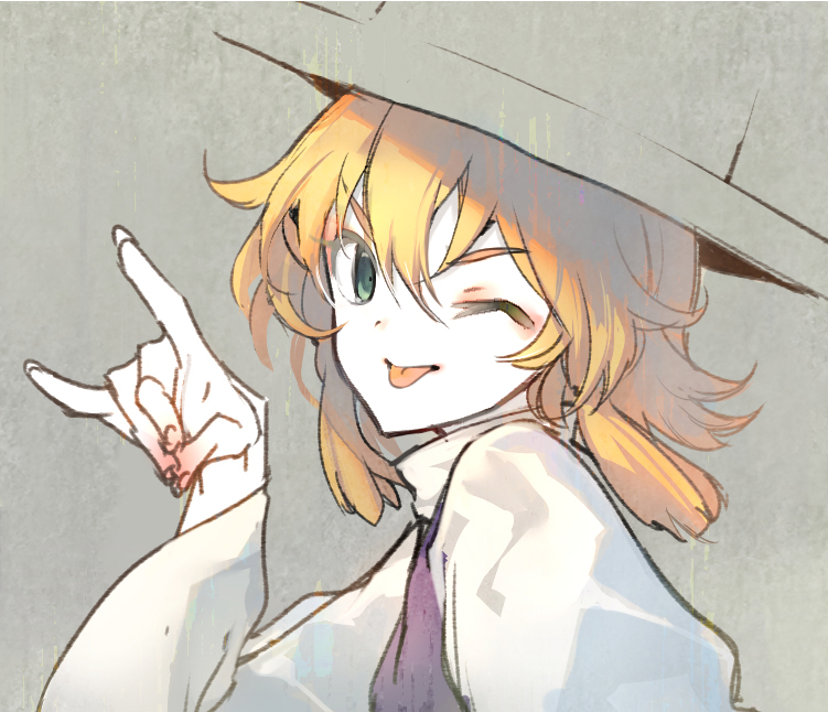 1girl blonde_hair eho_(icbm) fox_shadow_puppet green_eyes grey_background hat looking_at_viewer moriya_suwako one_eye_closed short_hair solo tongue tongue_out touhou upper_body wide_sleeves