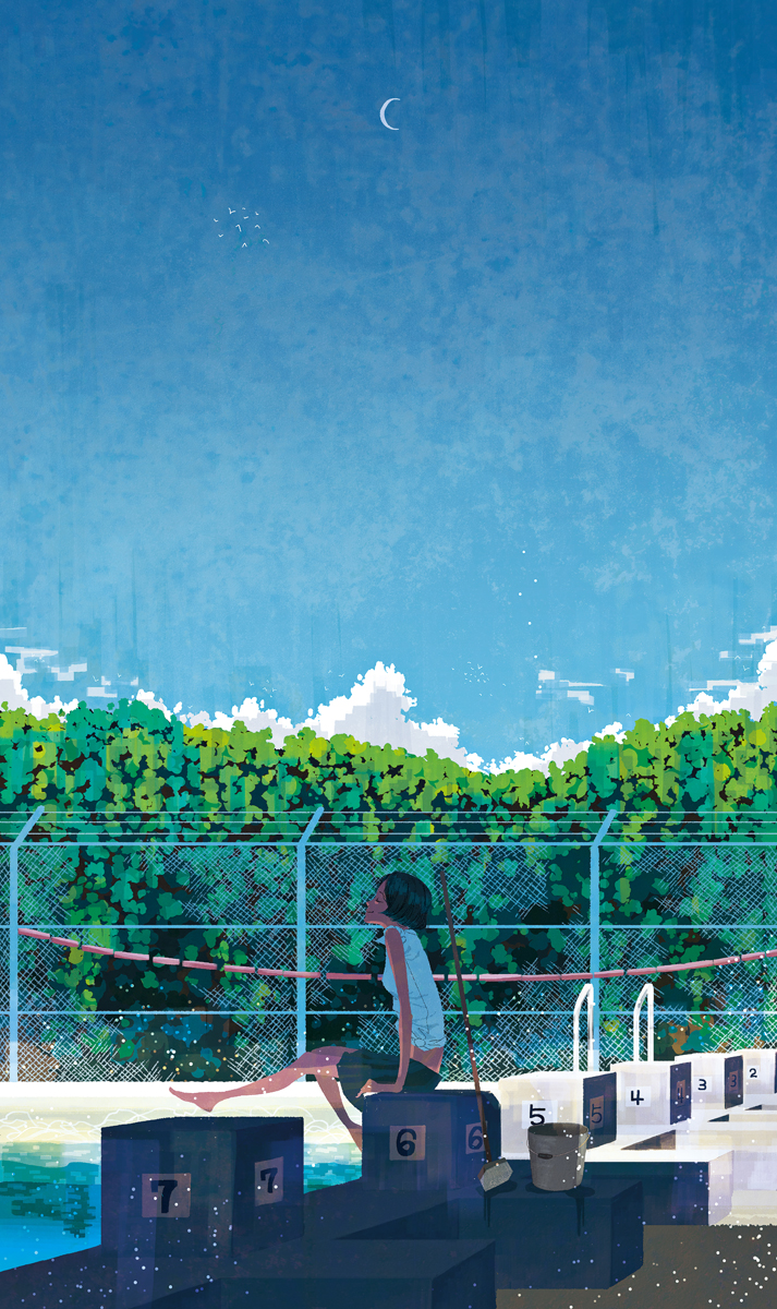 1girl bird black_hair blue_sky bob_cut broom bucket bush closed_eyes clouds crescent_moon fence highres joze kicking midriff moon original pool profile scenery shirt sitting skirt sky sleeves_rolled_up smile solo t-shirt tied_shirt water