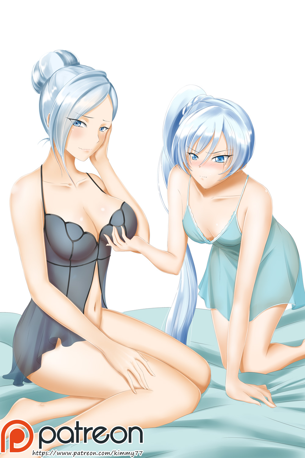 &gt;:| 2girls alfred_cullado all_fours blue_eyes blush breast_envy breasts cleavage embarrassed groping hand_on_own_cheek highres large_breasts lingerie long_hair medium_breasts multiple_girls navel negligee nose_blush ponytail rwby see-through siblings side_ponytail silver_hair sisters sitting underwear weiss_schnee white_background yokozuwari