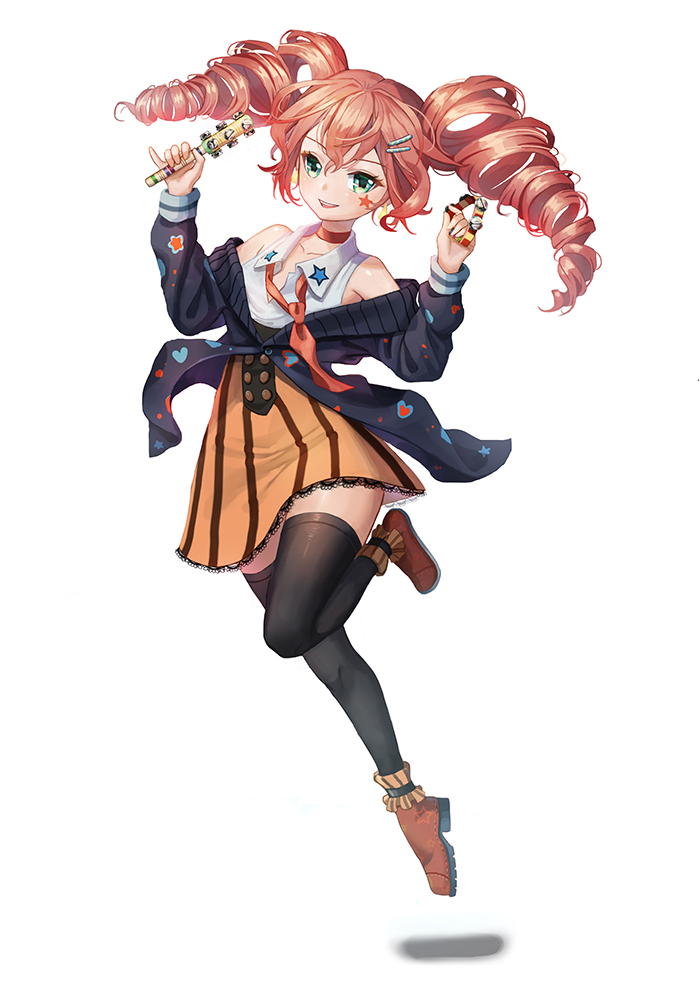 1girl black_legwear blush drill_hair eyebrows_visible_through_hair full_body green_eyes hand_rattle high-waist_skirt jingle_stick looking_at_viewer medium_hair original parted_lips pink_hair roang smile solo teeth thigh-highs twin_drills twintails