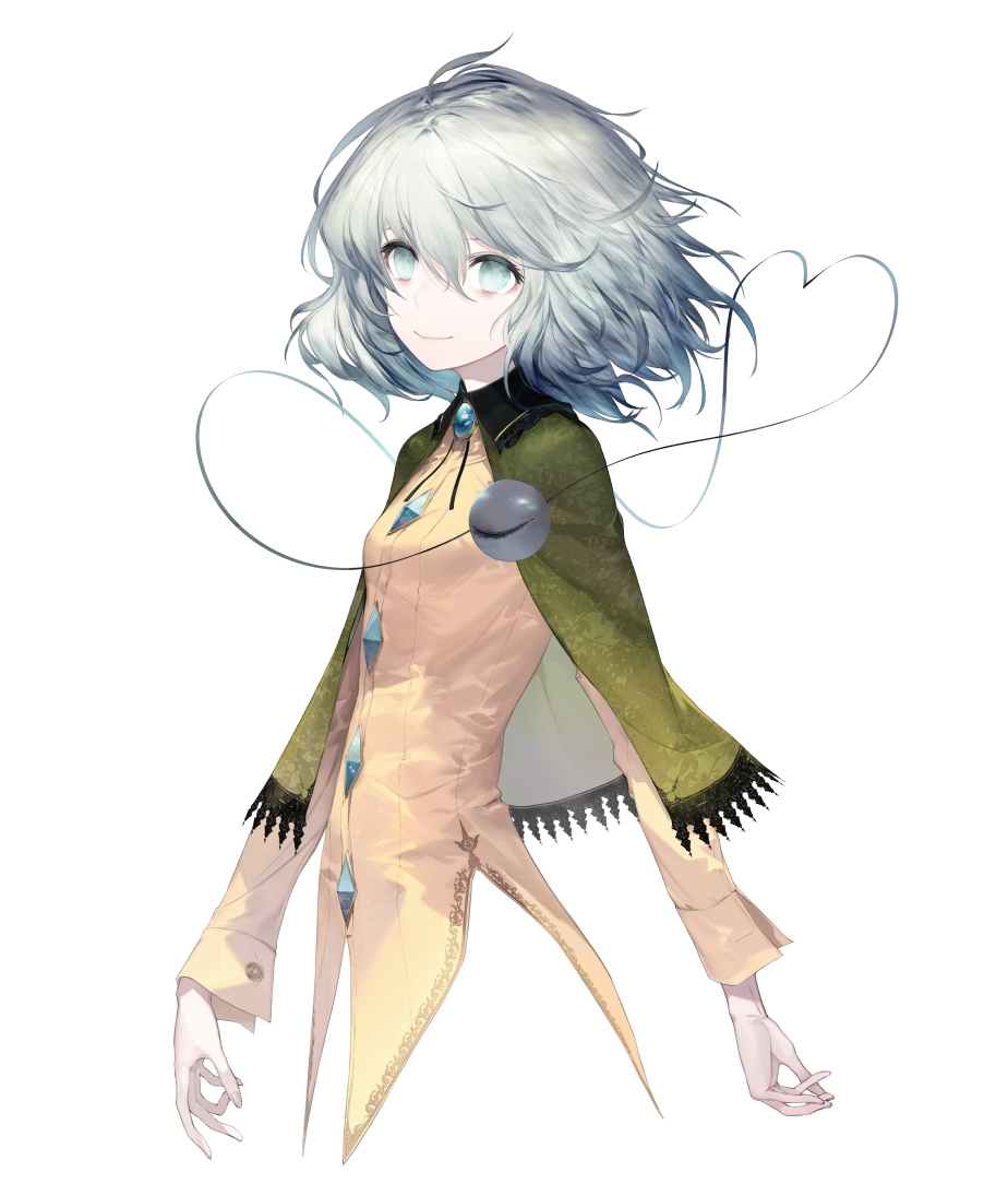 1girl brooch capelet closed_mouth grey_eyes hair_between_eyes heart heart_of_string jewelry kodama_(wa-ka-me) komeiji_koishi looking_at_viewer shirt silver_hair simple_background smile solo third_eye touhou upper_body white_background yellow_shirt