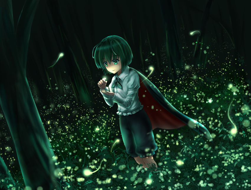 1girl antennae cape dutch_angle fireflies forest grass green_eyes green_hair juliet_sleeves knickers light_particles light_trail long_sleeves looking_down luke_(kyeftss) nature night outdoors puffy_sleeves shirt short_hair smile solo standing touhou tree white_shirt wriggle_nightbug