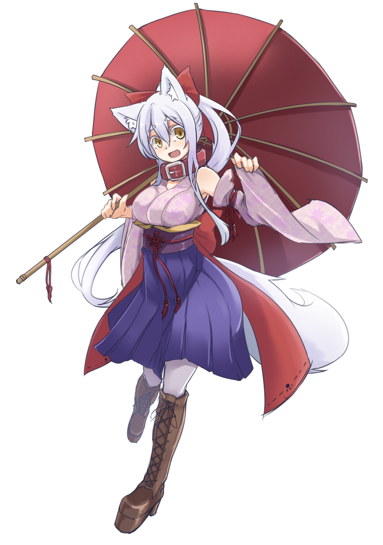 1girl :d animal_ears blush boots bow breasts brown_boots collar cross-laced_footwear detached_sleeves fang full_body hair_between_eyes hair_bow hakama japanese_clothes lace-up_boots large_breasts long_hair long_sleeves looking_at_viewer miko obi open_mouth oriental_umbrella original ponytail red_bow sakura_inu sash smile solo standing tail umbrella very_long_hair white_hair wide_sleeves wolf_ears wolf_girl wolf_tail yellow_eyes