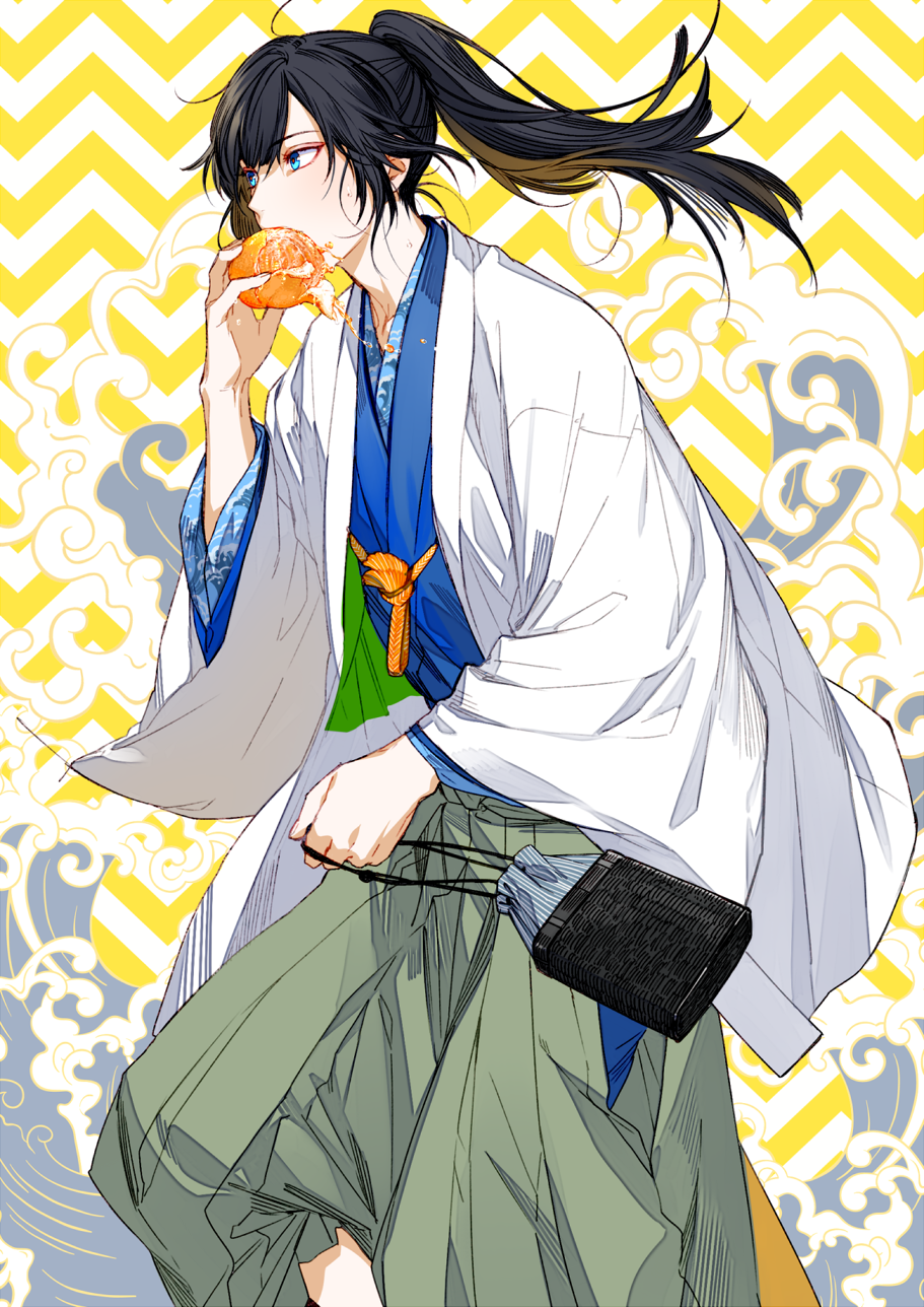 1boy aqua_eyes bag black_hair blush eyeshadow food fruit hakama highres holding_bag japanese_clothes juice kazari_tayu kimono layered_clothing leg_up long_hair looking_away makeup male_focus orange original ponytail solo sweat wave_print waves waving