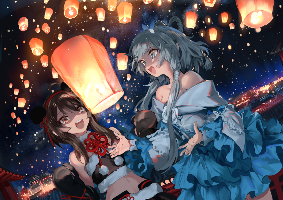 2girls :d ahoge architecture bare_shoulders black_gloves black_hair black_skirt blue_dress blue_eyes bow boxing_gloves brown_eyes dress dutch_angle east_asian_architecture gloves hair_bow hair_rings hairband lantern long_hair luo_tianyi midriff multiple_girls night night_sky open_mouth outdoors outstretched_hand paper_lantern pom_pom_(clothes) ran_(pixiv2957827) sidelocks silver_hair skirt sky sky_lantern smile standing vocaloid yuezheng_ling