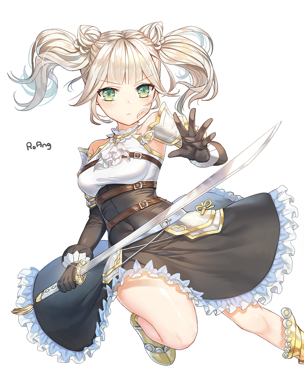 1girl artist_name bare_shoulders blush breasts eyebrows_visible_through_hair green_eyes highres holding holding_sword holding_weapon looking_at_viewer medium_breasts original roang short_hair short_twintails silver_hair solo sword twintails weapon