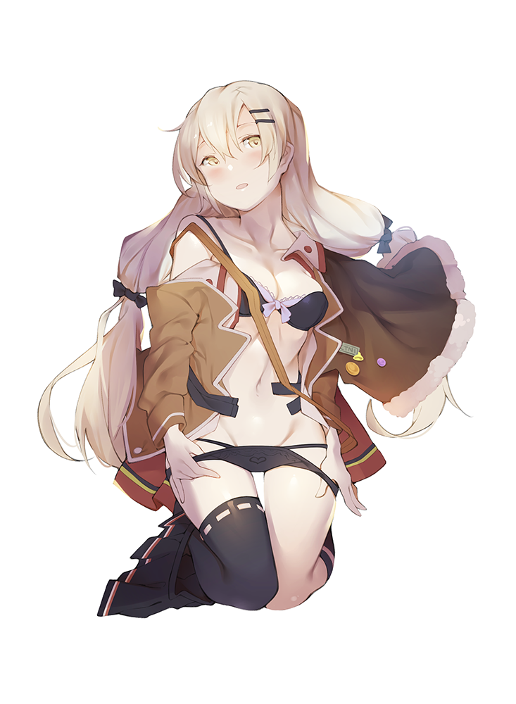 1girl asymmetrical_legwear black_bra black_legwear black_panties blonde_hair bra breasts cleavage collarbone fur_trim girls_frontline hair_between_eyes hair_ornament hairclip head_tilt kneehighs kneeling long_hair low-tied_long_hair low_twintails mania_(fd6060_60) medium_breasts multi-strapped_panties navel off_shoulder open_clothes open_shirt panties pleated_skirt ribbon-trimmed_legwear ribbon_trim shirt simple_background single_kneehigh single_thighhigh skirt skirt_pull solo strap_slip svd_(girls_frontline) thigh-highs twintails underwear white_background yellow_eyes