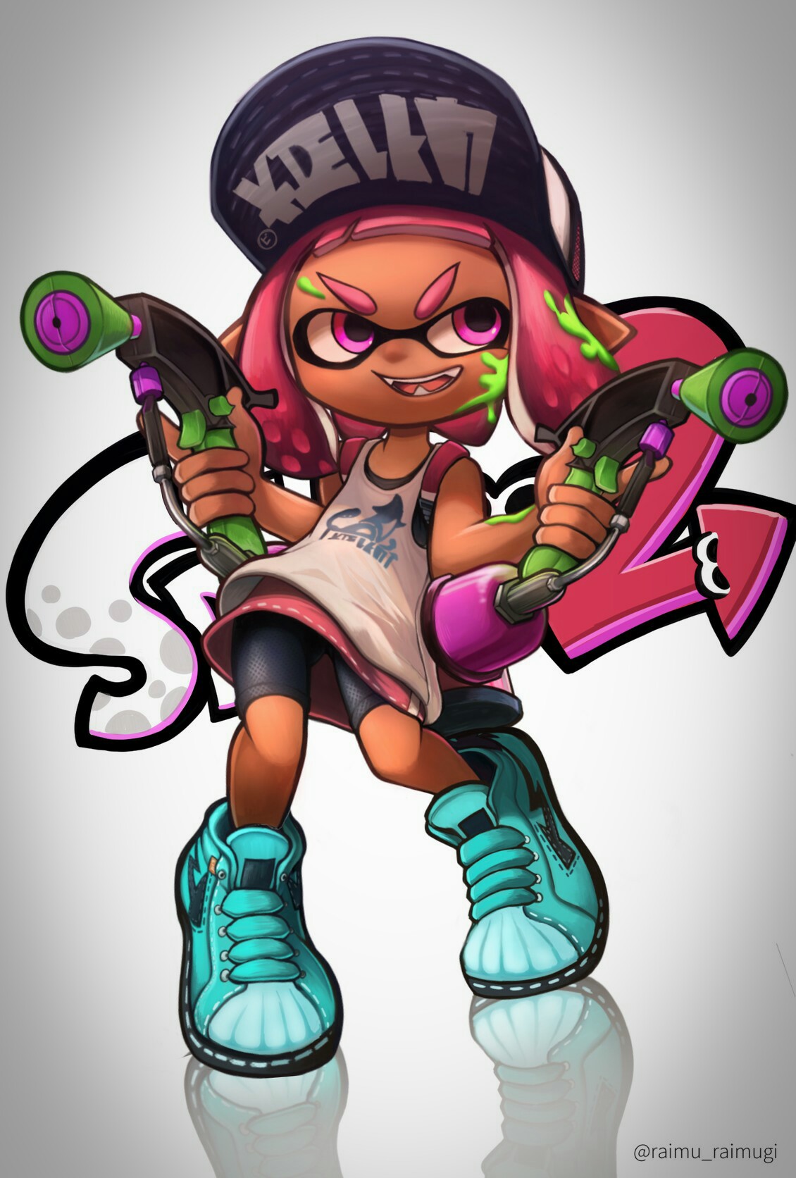 1girl bangs bike_shorts black_shorts blue_shoes copyright_name cross-laced_footwear dark_skin domino_mask dual_wielding fangs full_body highres hoshifune ink_tank_(splatoon) inkling inkling_(language) layered_clothing long_hair looking_to_the_side mask open_mouth paint_splatter pink_eyes pink_hair pointy_ears reflection shirt shoes shorts sleeveless sleeveless_shirt smile solo splat_dualies_(splatoon) splatoon standing tentacle_hair twitter_username white_shirt