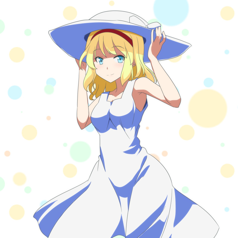 1girl alice_margatroid alternate_costume bare_shoulders blonde_hair blue_eyes cato_(monocatienus) collarbone commentary dress eyebrows_visible_through_hair hairband hands_on_headwear hat long_hair looking_at_viewer simple_background sleeveless sleeveless_dress smile solo sun_hat sundress touhou white_dress