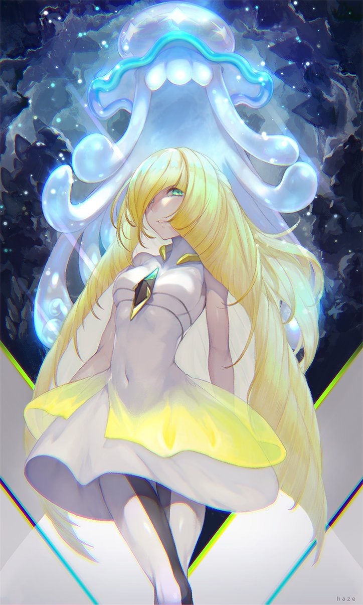 1girl artist_name blonde_hair covered_navel dress green_eyes hair_over_one_eye highres long_hair looking_at_viewer lusamine_(pokemon) nihilego parted_lips pokemon standing ta-to_(sprout) very_long_hair white_dress white_legwear