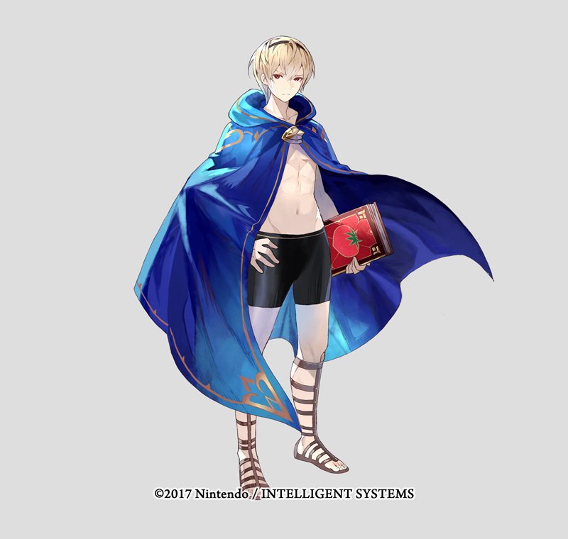 1boy abs blonde_hair book cape fire_emblem fire_emblem_heroes fire_emblem_if full_body gloves hairband leon_(fire_emblem_if) male_focus red_eyes short_hair solo swimsuit