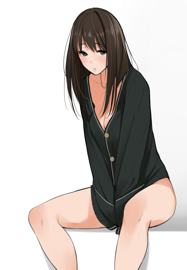 1girl bangs black_sweater blush bottomless breasts brown_hair buttons cardigan cleavage covering covering_crotch embarrassed green_eyes idolmaster idolmaster_cinderella_girls jewelry leaning_forward long_hair long_legs looking_at_viewer medium_breasts naked_cardigan naked_sweater necklace no_bra school_uniform shibuya_rin simple_background sitting solo sweater tsukino_wagamo v_arms white_background