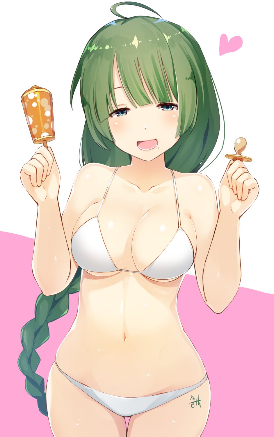 1girl ahoge bikini blue_eyes blush braid breasts collarbone dated food green_hair heart highres kantai_collection long_hair looking_at_viewer medium_breasts meth_(emethmeth) navel open_mouth pacifier popsicle purple_background skindentation solo swimsuit two-tone_background upper_body very_long_hair white_background white_bikini yuugumo_(kantai_collection)