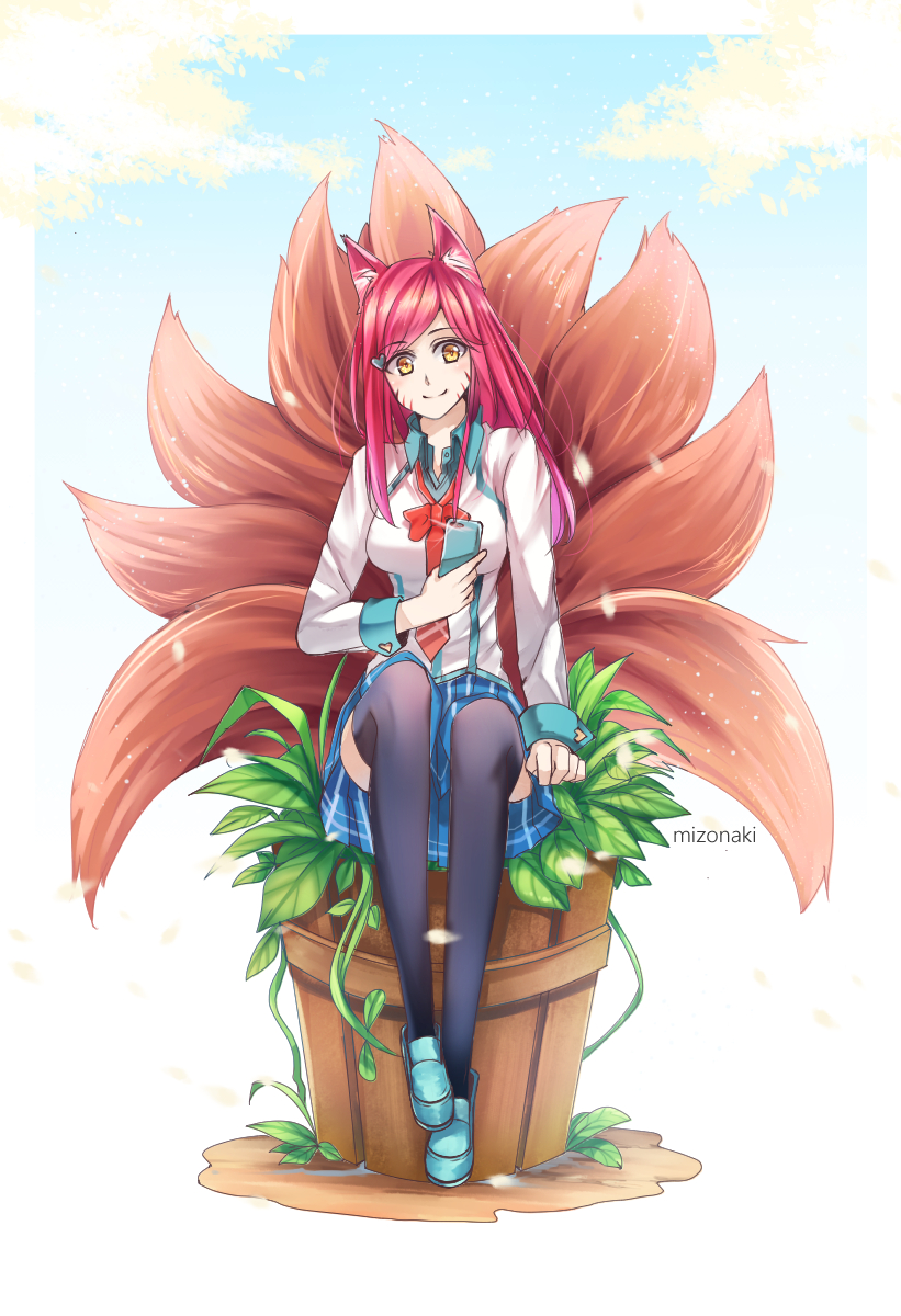 1girl academy_ahri ahri animal_ears black_legwear breasts cellphone food fox_ears fox_tail hair_ornament hairclip heart_hair_ornament highres large_breasts league_of_legends long_hair looking_at_viewer mizonaki multiple_tails outdoors phone plant redhead school_uniform sitting skirt solo tail thigh-highs vegetable whisker_markings yellow_eyes