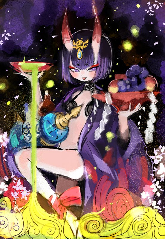 alcohol ankle_ribbon bob_cut breasts cherry_blossoms cup eyebrows_visible_through_hair eyeshadow fate/grand_order fate_(series) flower food fruit gourd grapes headpiece horns japanese_clothes kimono leg_up makeup oni oni_horns open_clothes open_kimono petals pouring purple_hair revealing_clothes ribbon sahau228 sakazuki sake shide short_eyebrows shuten_douji_(fate/grand_order) sketch small_breasts violet_eyes