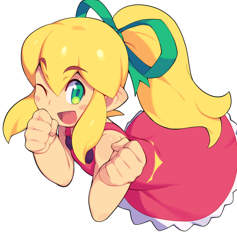 1girl ;d bangs bare_shoulders blonde_hair blush_stickers clenched_hands dress eyebrows_visible_through_hair flat_chest frilled_dress frills green_eyes green_ribbon hair_between_eyes hair_ribbon long_hair looking_at_viewer metata one_eye_closed open_mouth ponytail red_dress ribbon rockman rockman_(classic) roll sidelocks simple_background sleeveless sleeveless_dress smile solo thick_eyebrows white_background