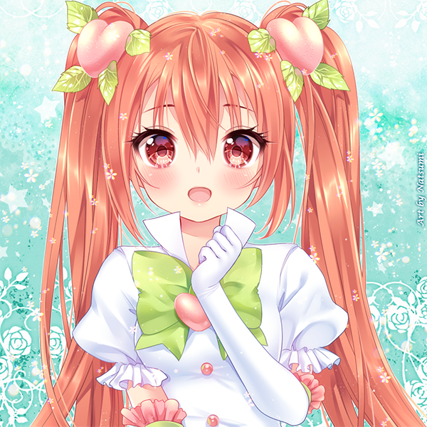 1girl :d artist_name blush bow brown_eyes brown_hair buttons commentary elbow_gloves eyebrows_visible_through_hair flower food food_themed_hair_ornament frilled_gloves frilled_shirt frills fruit gloves green_bow hair_between_eyes hair_ornament leaf long_hair looking_at_viewer natsumii_chan open_mouth original peach peach_hair_ornament puffy_short_sleeves puffy_sleeves shirt short_sleeves smile solo star twintails upper_body white_gloves white_shirt