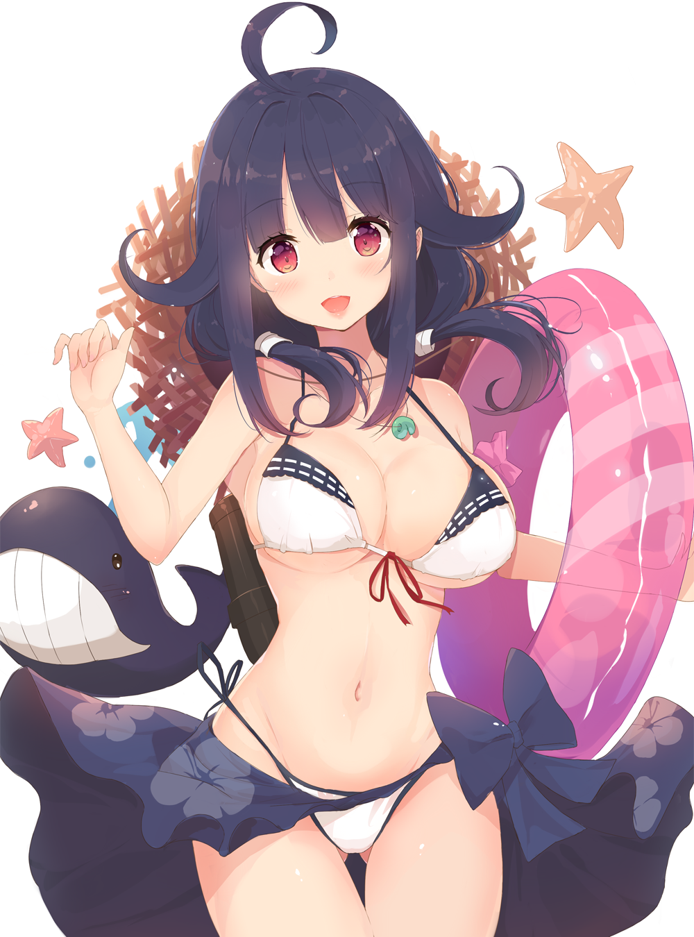 1girl :d adapted_costume ahoge bikini breasts hair_flaps highres innertube kagerou_(shadowmage) kantai_collection large_breasts long_hair low_twintails magatama open_mouth purple_hair red_eyes red_ribbon ribbon smile solo swimsuit taigei_(kantai_collection) twintails white_bikini