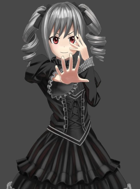1girl black_dress black_ribbon closed_mouth commentary_request dress drill_hair gown grey_background hair_ribbon hand_over_eye idolmaster idolmaster_cinderella_girls kanzaki_ranko monochrome_background open_eyes open_hands outstretched_arm outstretched_hand puffy_sleeves red_eyes ribbon silver_hair simple_background solo twin_drills twintails upper_body wasabi60