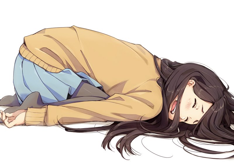 1girl black_hair black_legwear blue_skirt blush closed_eyes commentary_request facial_hair from_side kawai_makoto kneeling long_hair long_sleeves open_mouth original shiny shiny_hair skirt solo sweater teeth yellow_sweater