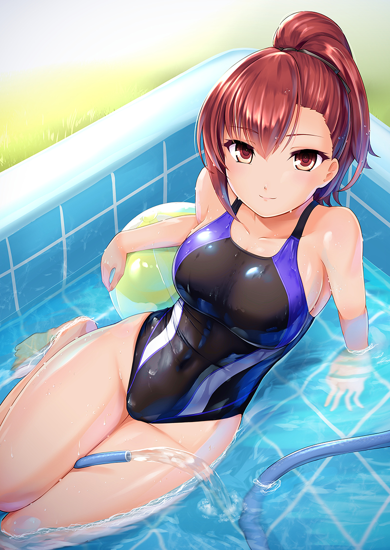 1girl 8000 action_heroine_cheer_fruits ball bare_shoulders breasts brown_eyes brown_hair competition_swimsuit covered_navel hose looking_at_viewer looking_up one-piece_swimsuit ponytail roko_kuroki smile solo swimsuit thighs